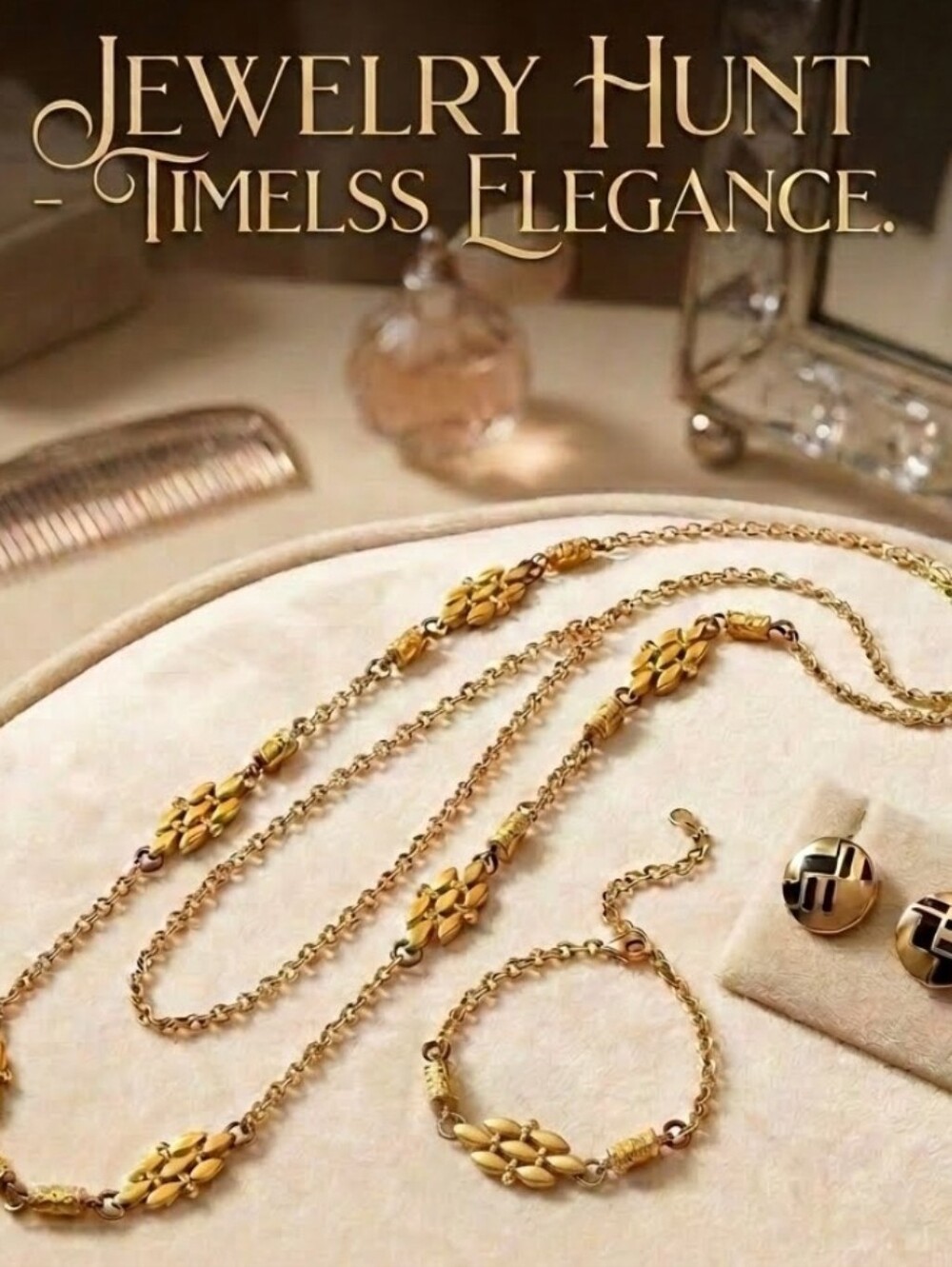 Gold Floral Link Layered Necklace Earring, and Bracelet Set - Women's Jewelry